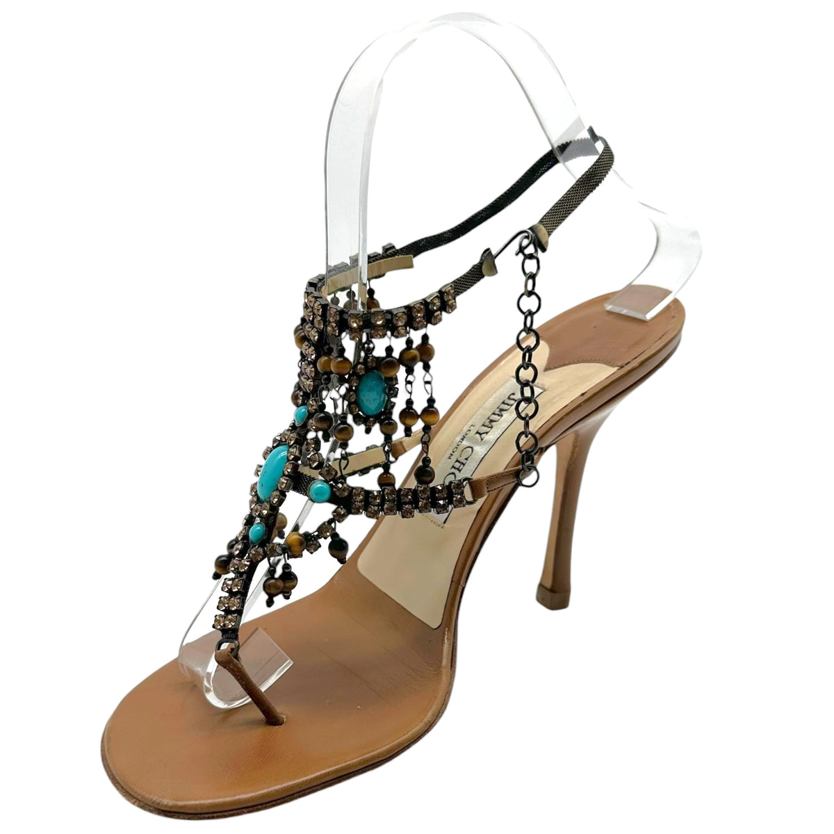 Jimmy Choo Thong Sandal Heels Turquoise Crystal Embellished