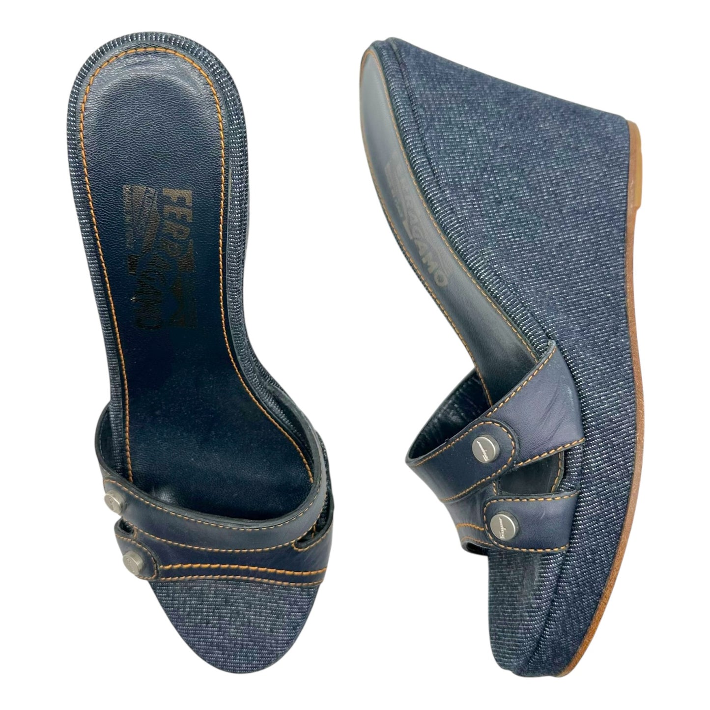 Salvatore Ferragamo Denim Mule Wedge Sandals
