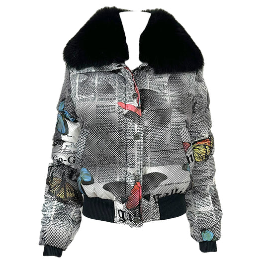 John Galliano Gazette Print Down Puffer Coat w/ Fox Fur Collar
