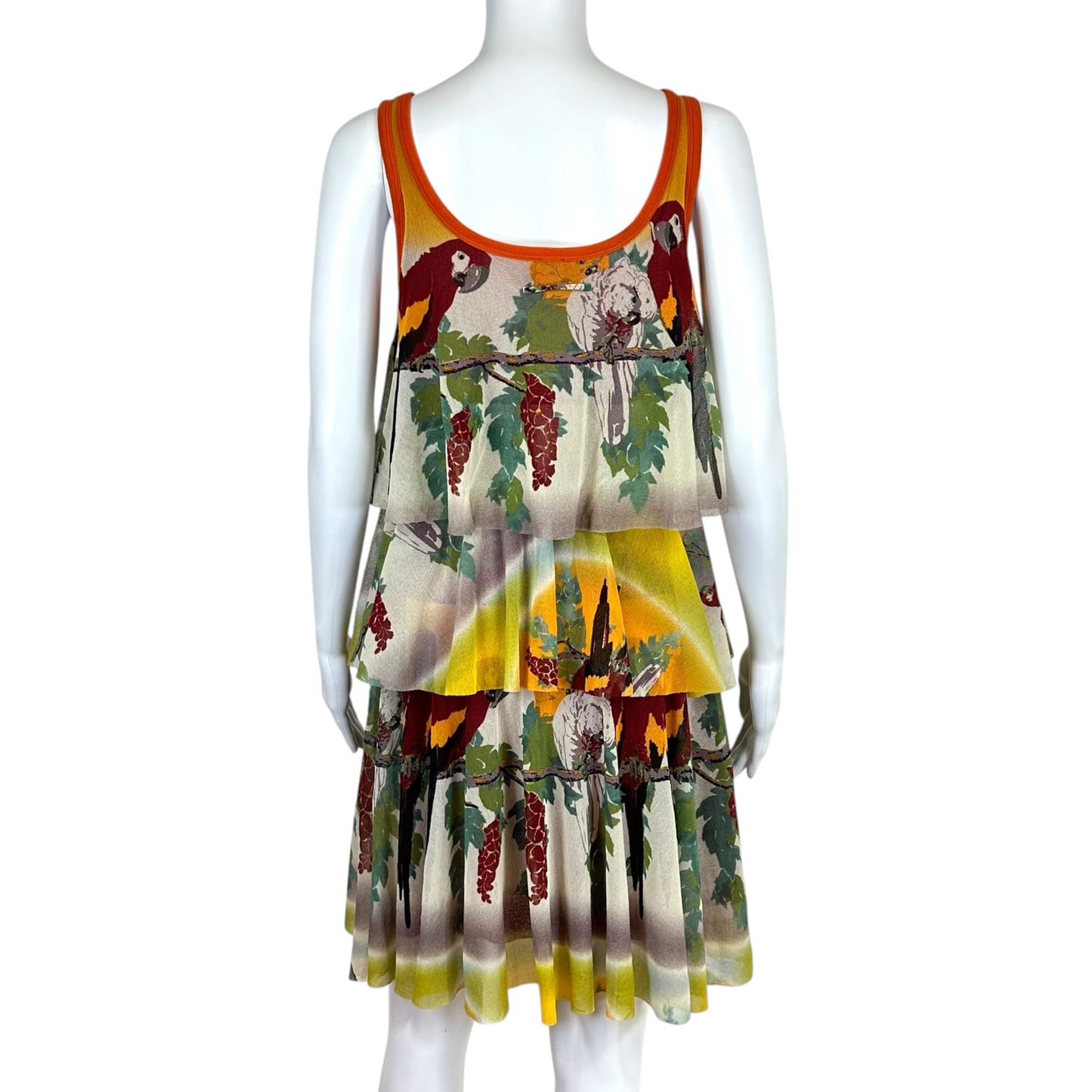 Jean Paul Gaultier Soleil Tropical Parrot Print Tiered Mesh Mini Dress