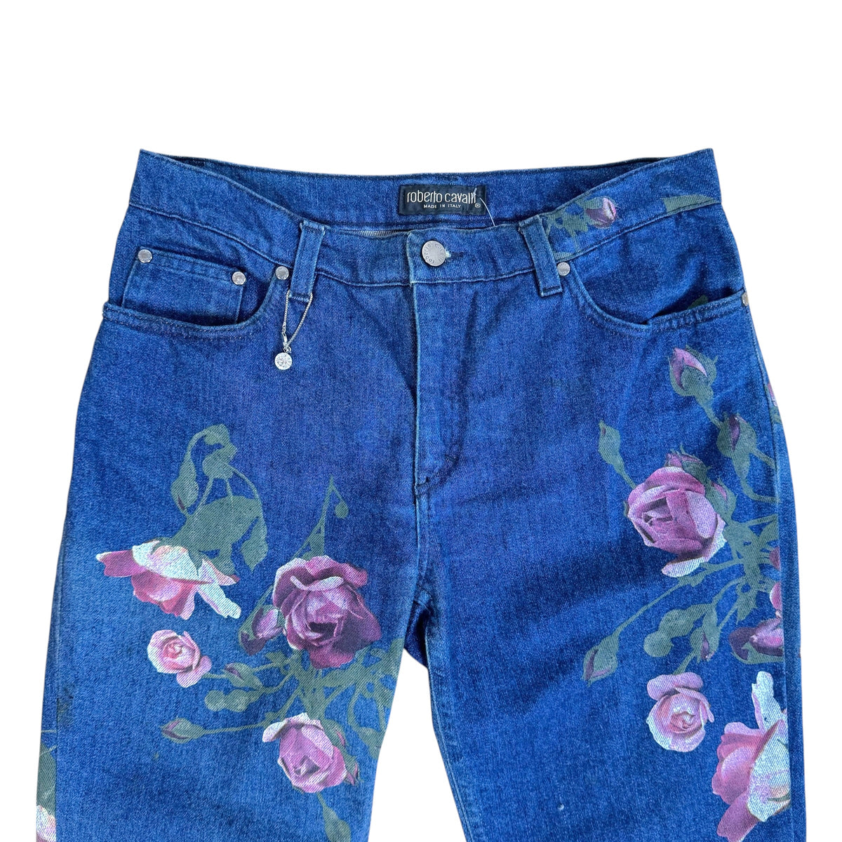Roberto Cavalli Dark Wash Denim Jeans Rose Print