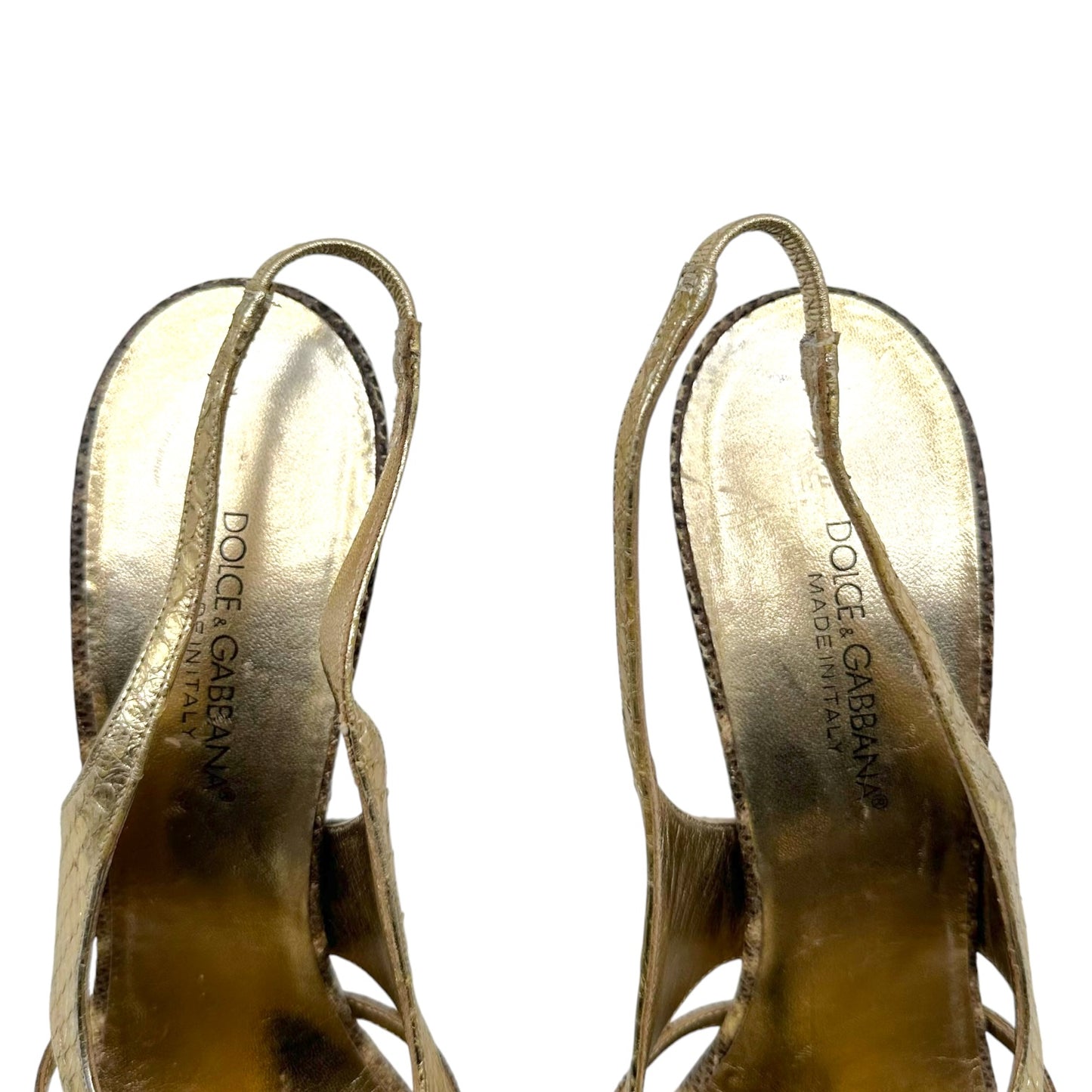 Dolce & Gabbana Gold & Brown Snakeskin Strappy Sandal Heels