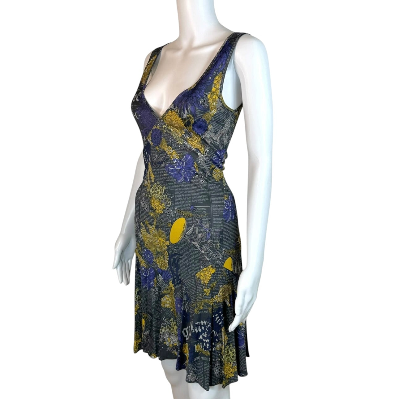 Galliano Midi Dress Purple Yellow Floral Print V-Neck