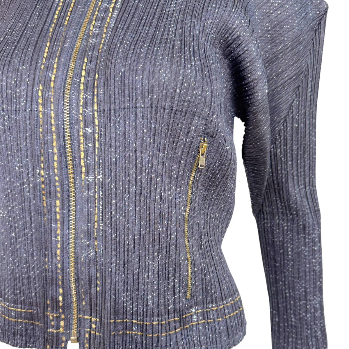 Issey Miyake Pleats Please Dark Wash Denim Printed Pleated Crop Zip-Up Top Sz 4