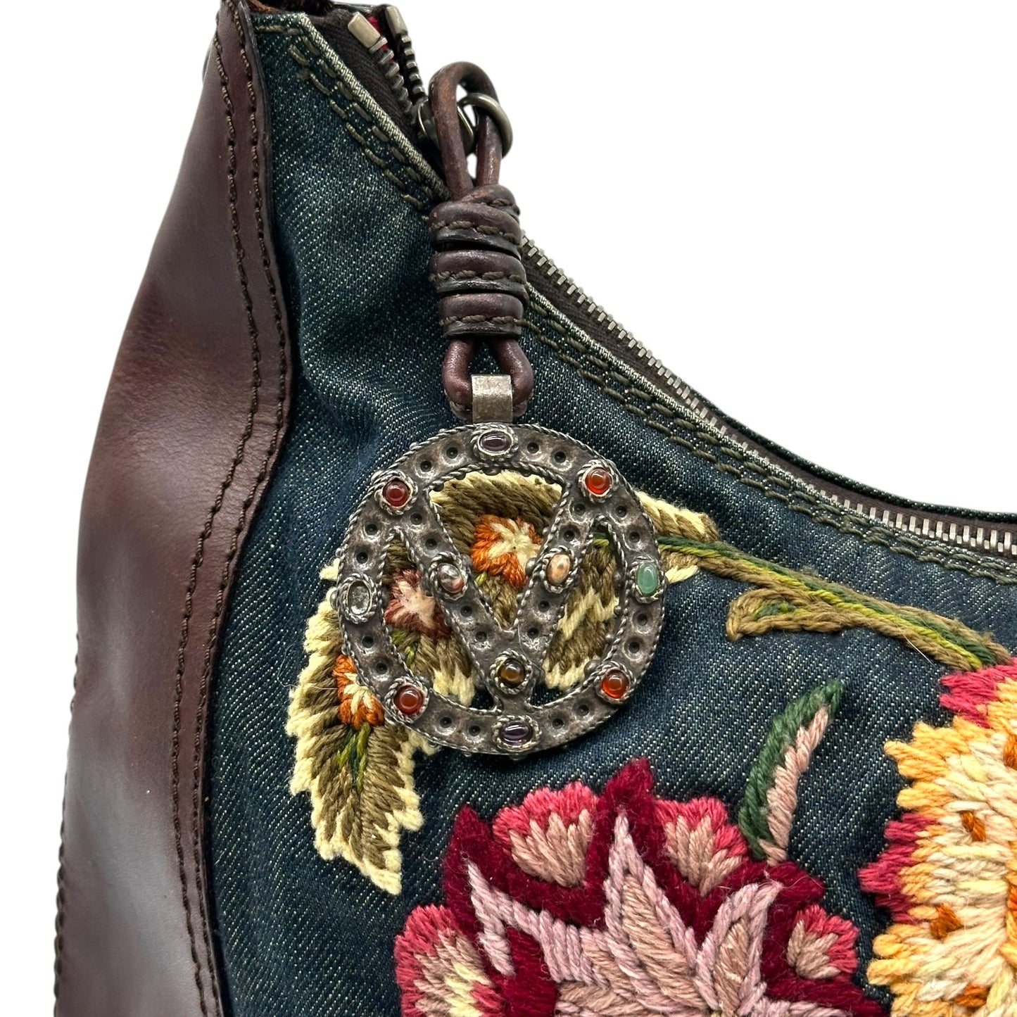 Valentino Garavani Denim & Leather Floral Embroidered Hobo Bag
