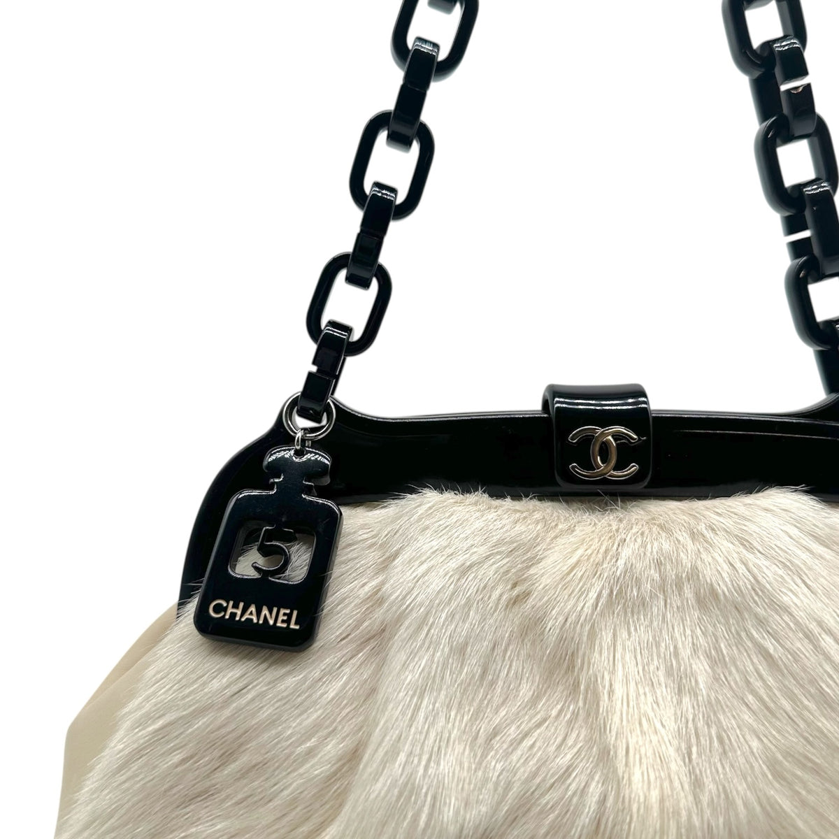 Chanel No.5 Ivory Fur & Black Resin Chain Strap Frame Shoulder Bag 2005-06