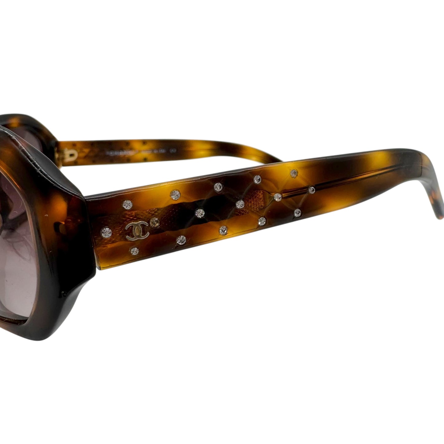 Chanel Brown Tortoise Rhinestone Arm Rectangle Sunglasses 5062