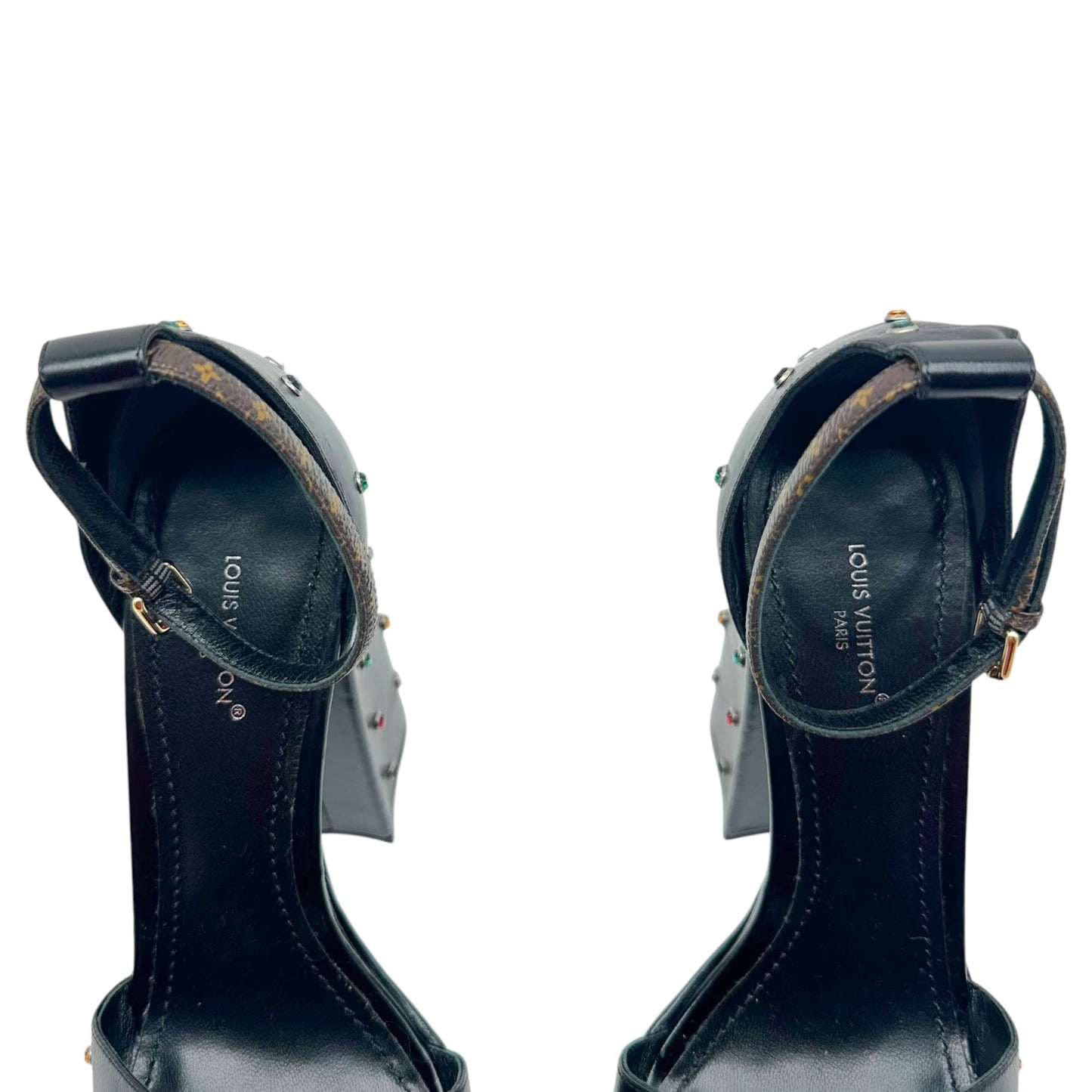 Louis Vuitton 2023 Multicolor Rhinestone Studded Black Leather Platform Sandals