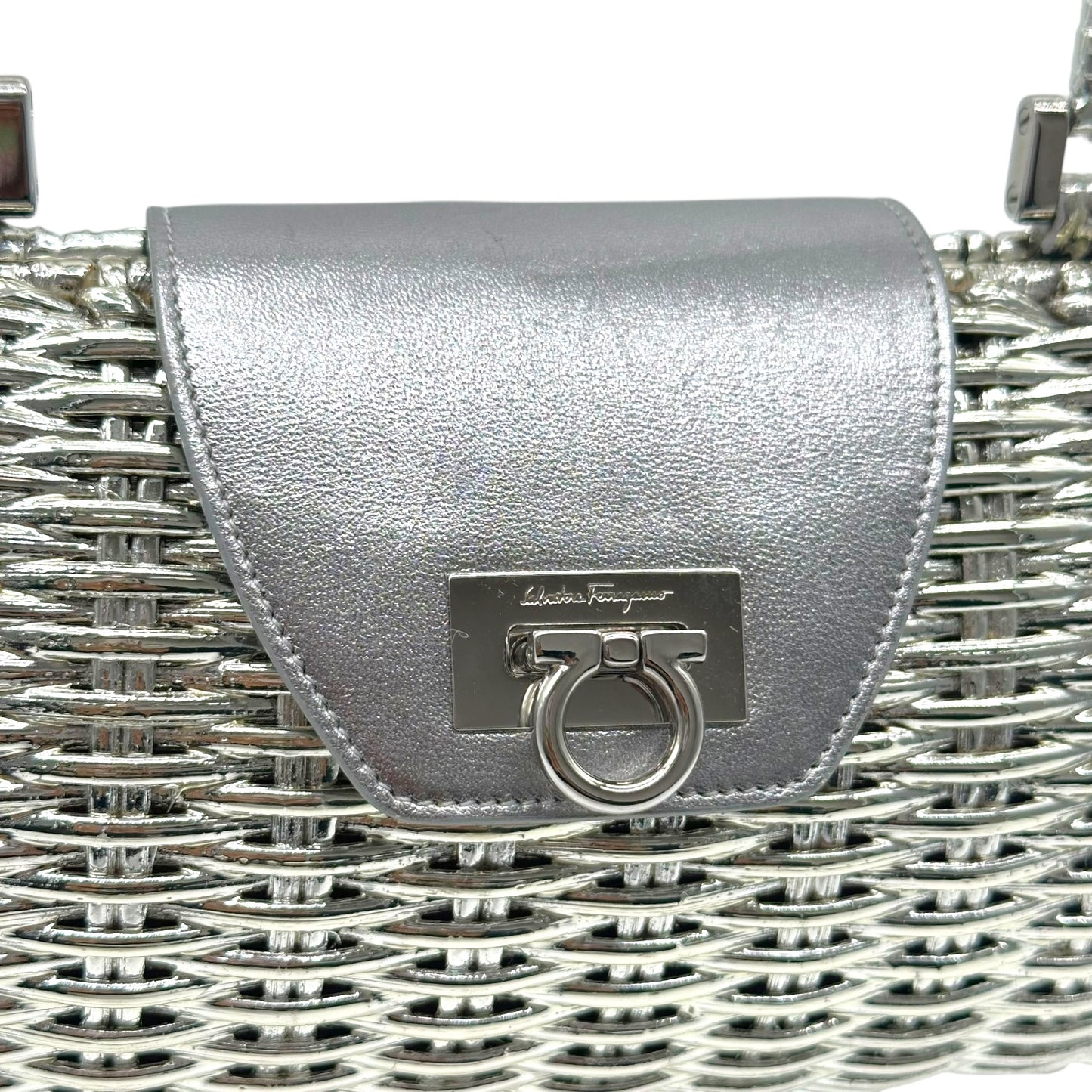 Salvatore Ferragamo Silver Metal 'Wicker' Gancini Clutch Bag