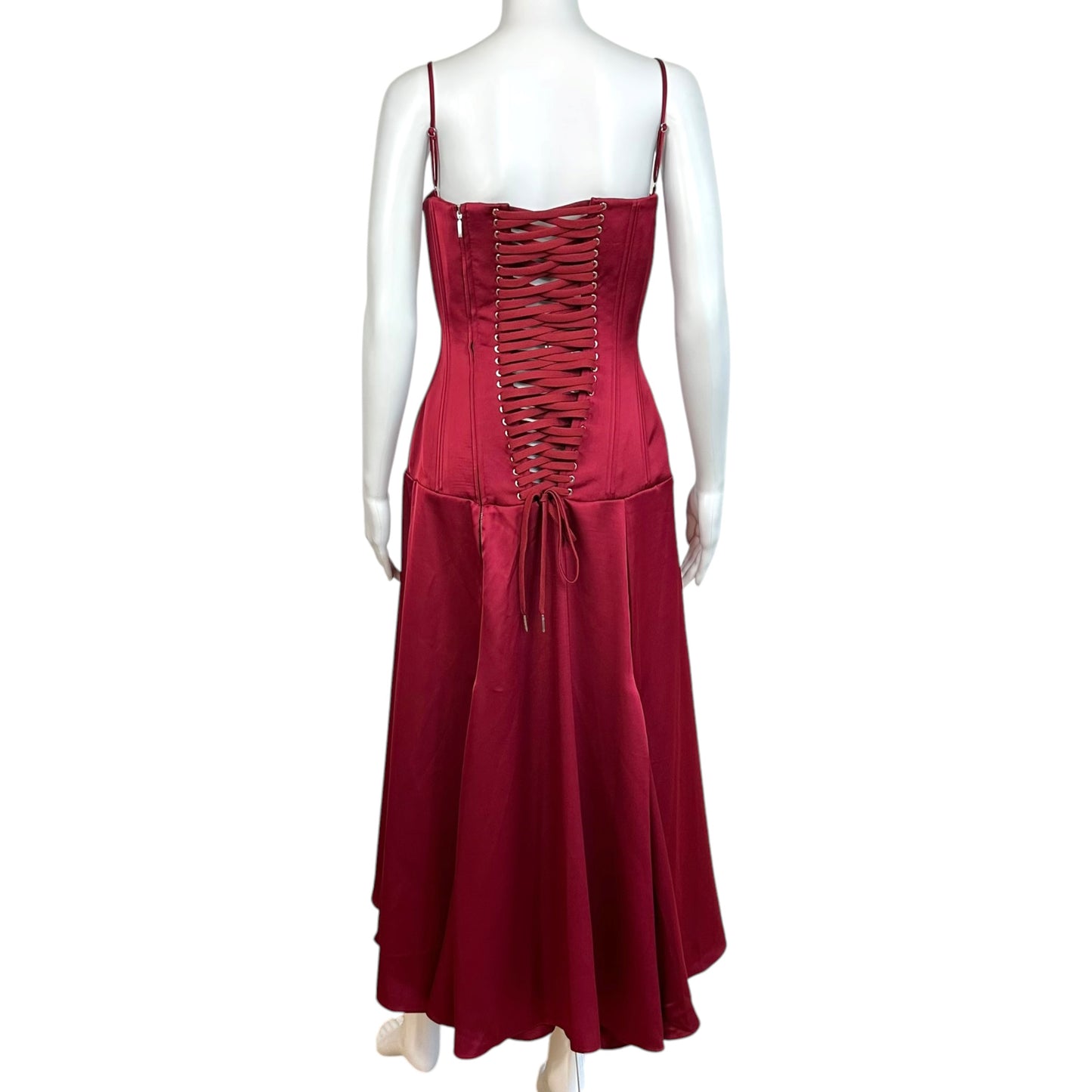 Fanci Club Clavicle Red Lace Up Corset Satin Midi Dress w/ Slit NEW