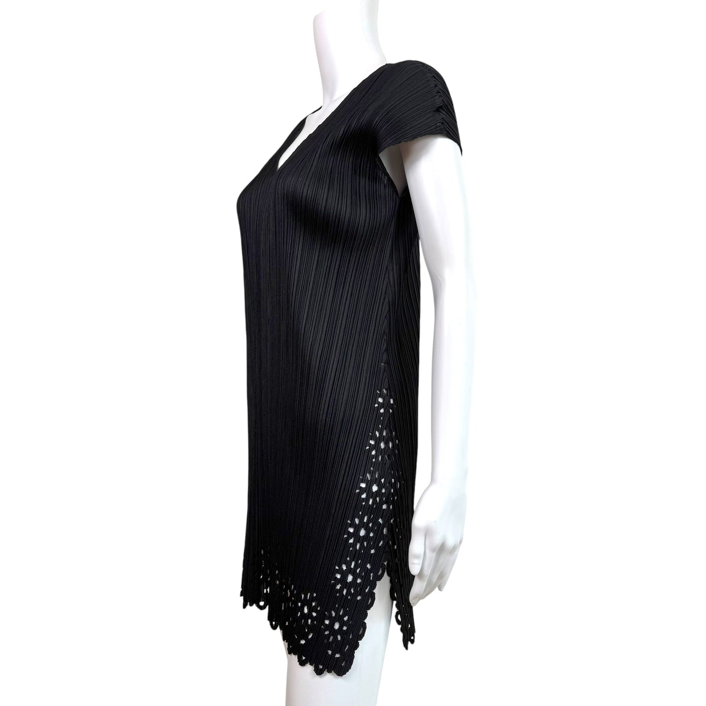 Issey Miyake Pleats Please Black Laser Cut-Out Trim Pleated Mini Dress Sz 3
