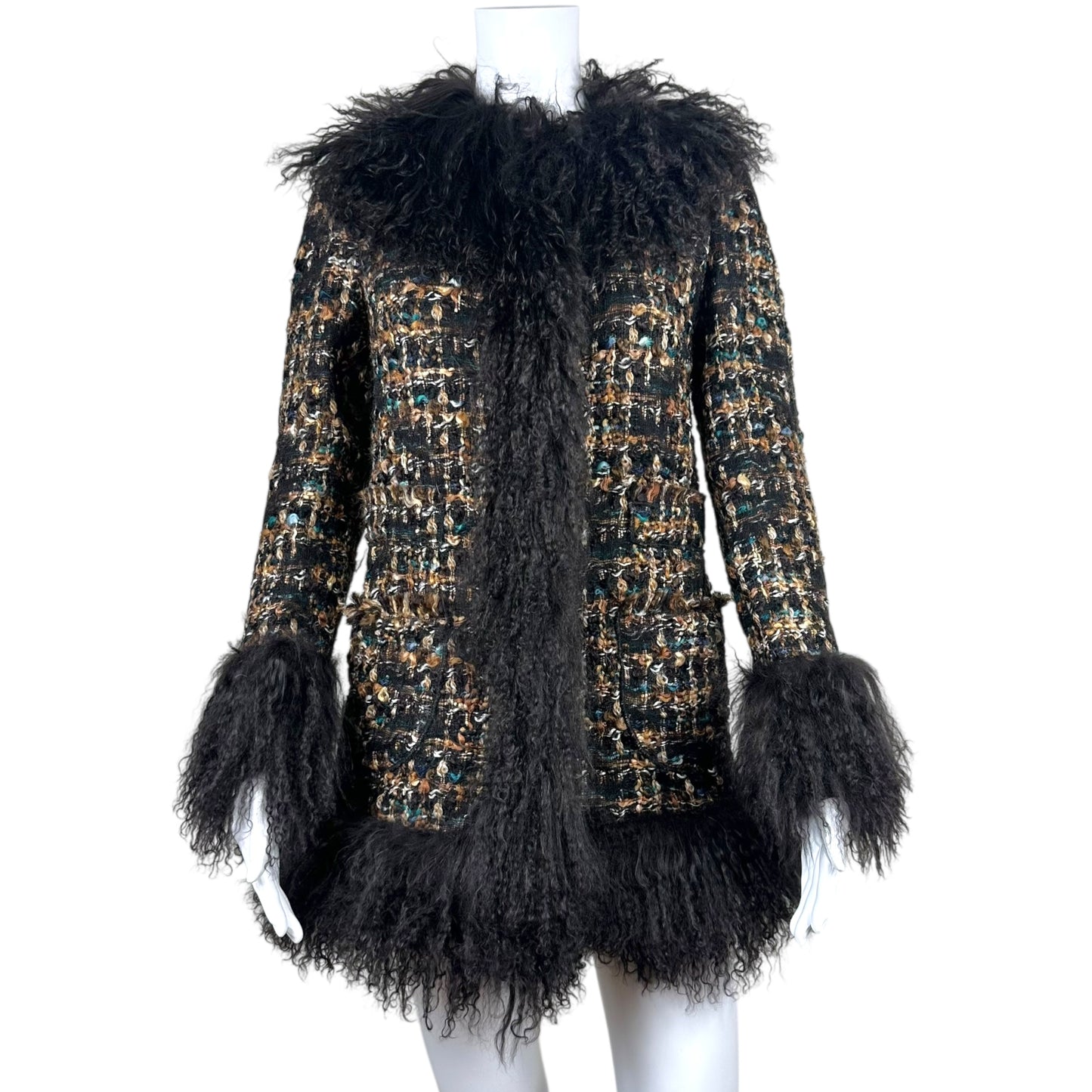 Dolce & Gabbana Multicolor Tweed Mongolian Fur Trim Jacket