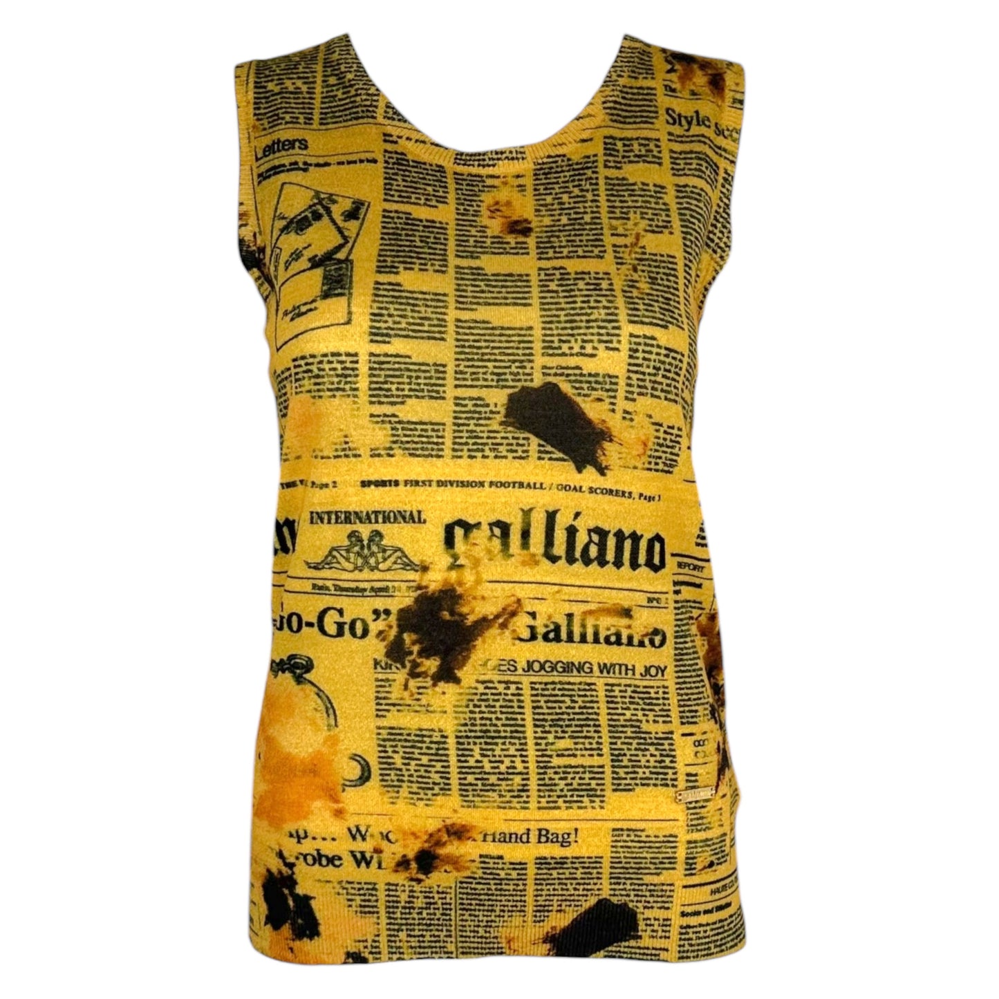 Galliano Yellow & Black Gazette Printed Cashmere Tank NEW