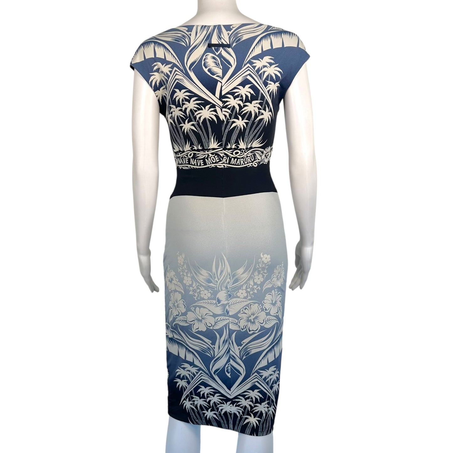 Jean Paul Gaultier Soleil Blue Tropical Print Off-Shoulder Midi Dress