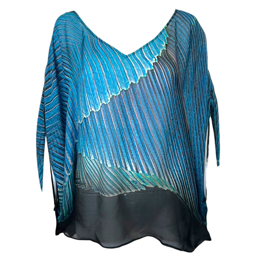Roberto Cavalli Turquoise & Black Stripe Print Sheer Silk Dolman Blouse