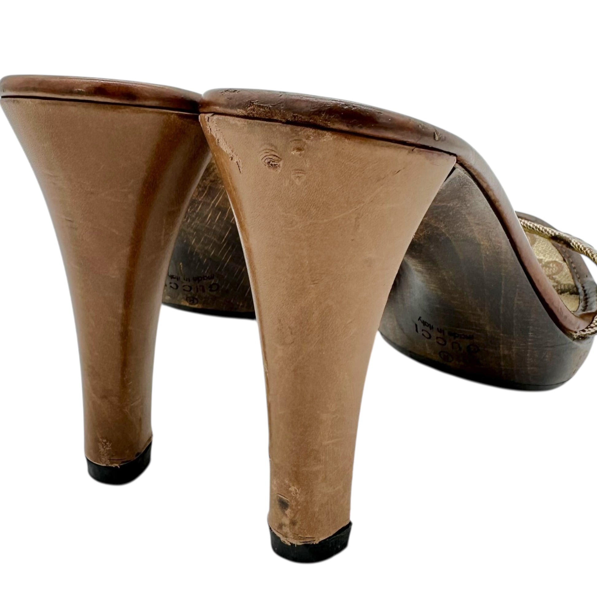 Gucci Tan Monogram Heeled Mule Sandals - Outfit Repeater