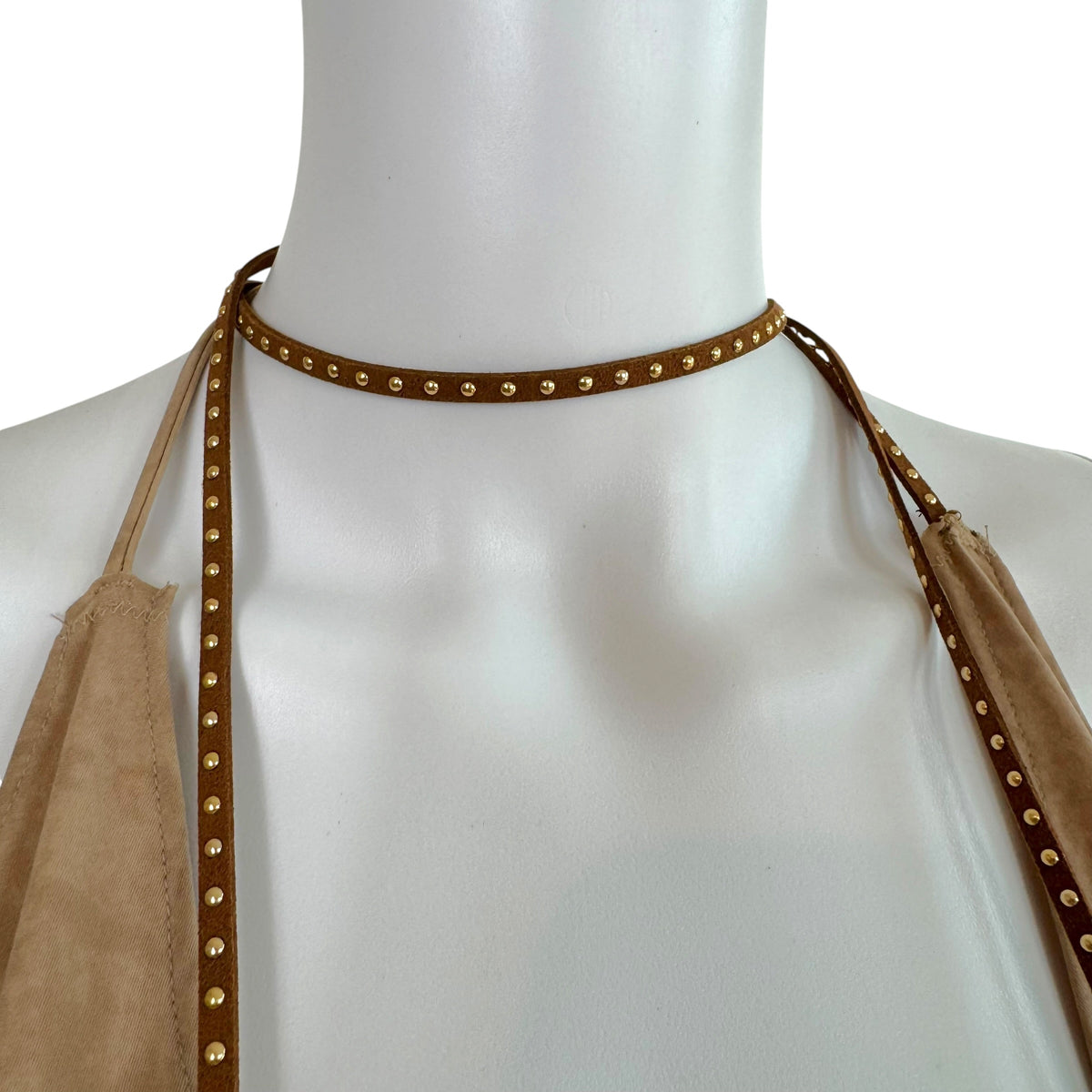 Dolce & Gabbana Halter Top Light Brown Suede Feather Embellished