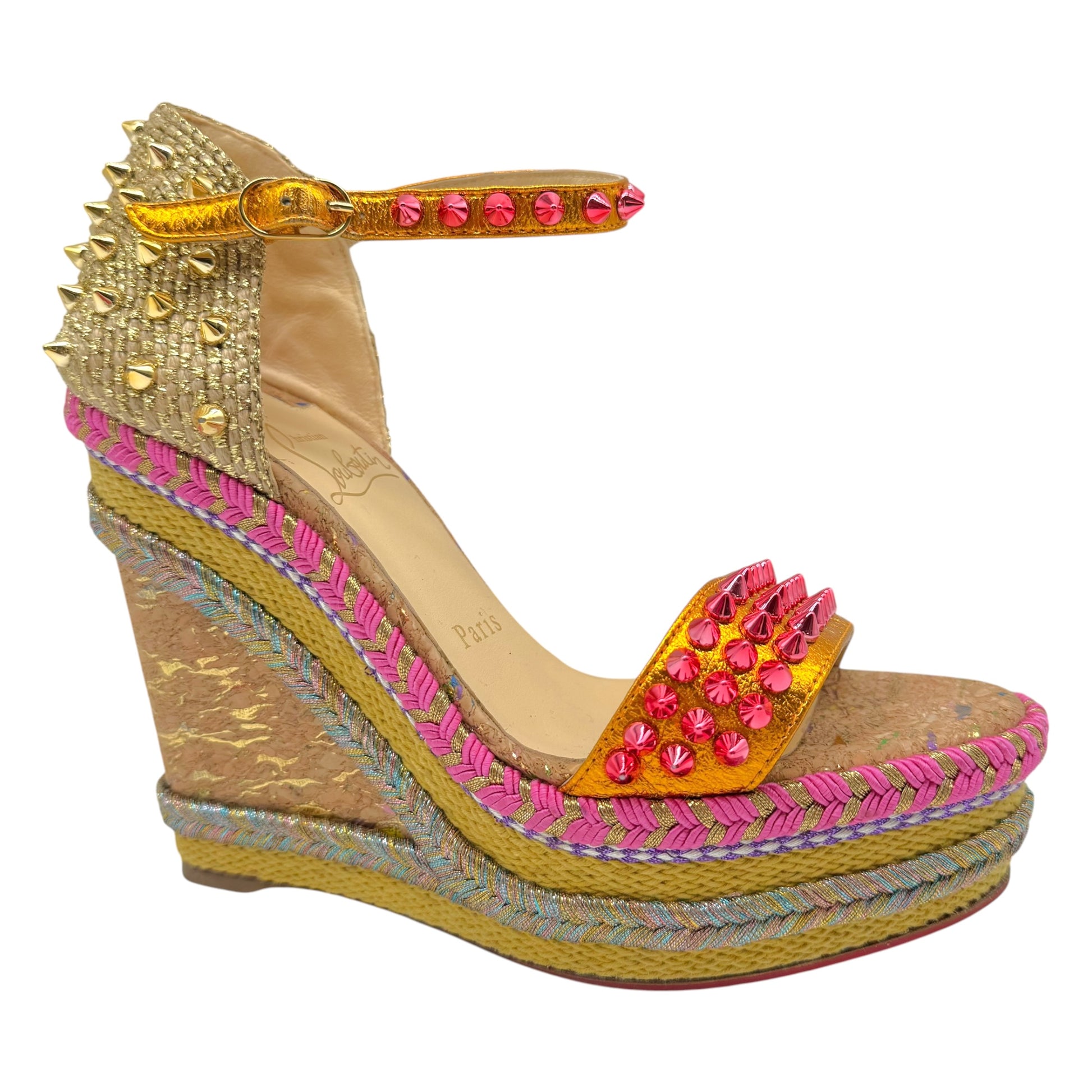 Christian Louboutin Cork Wedge Sandals Pink Gold Spike