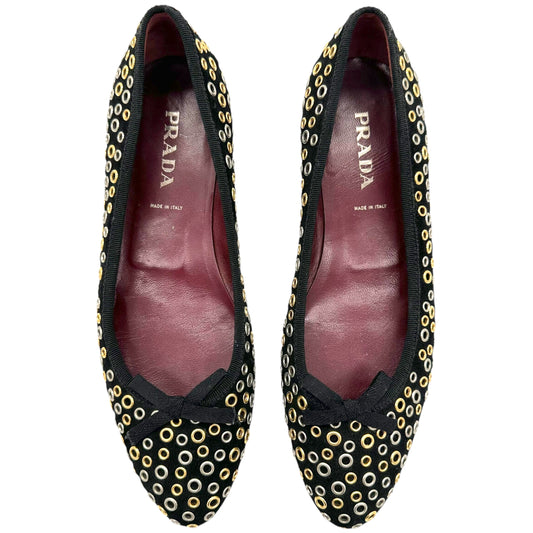 Prada Black Gold & Silver Rivet Embellished Suede Flats