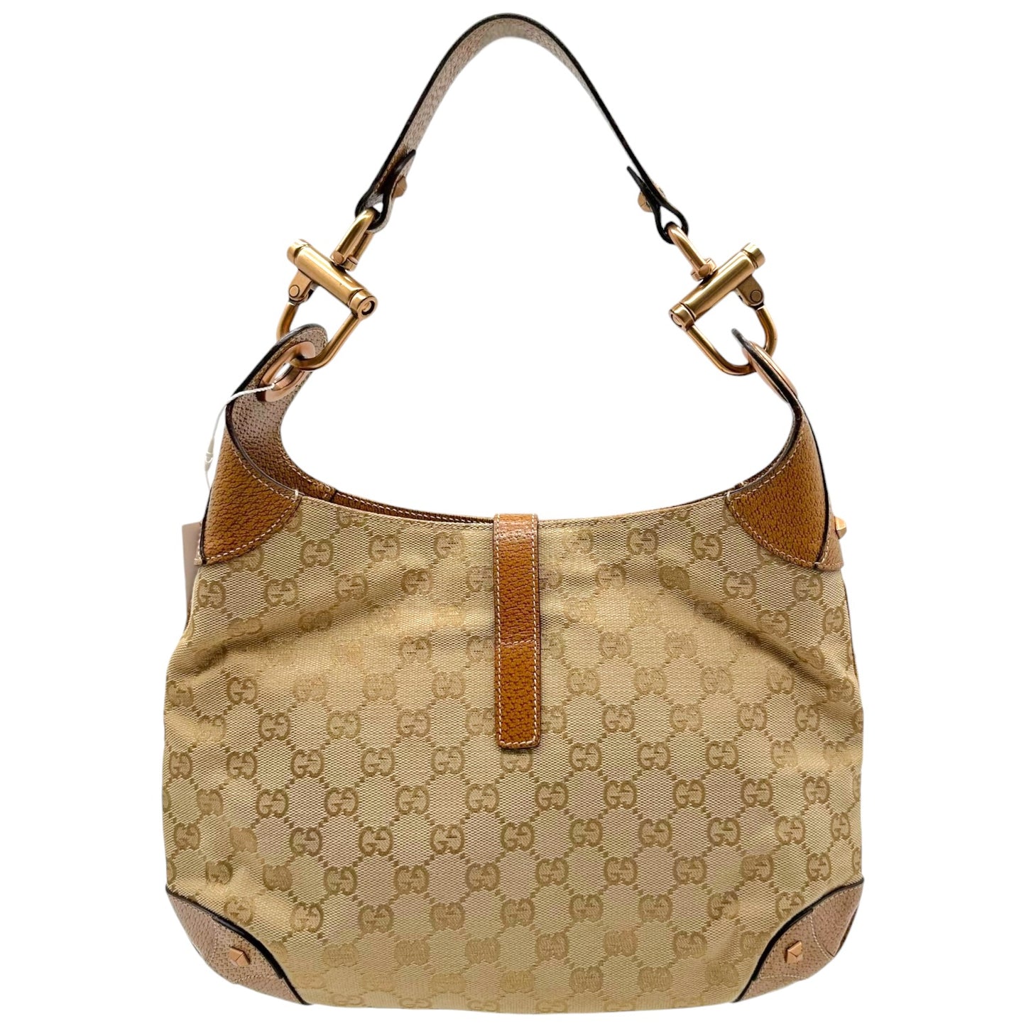 Gucci Shoulder Bag Beige Monogram Tan Leather Piston Lock