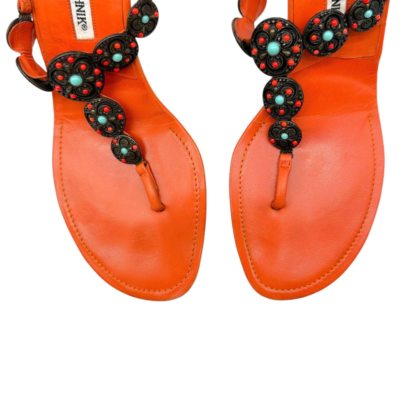 Manolo Blahnik Orange & Turquoise Beaded Kitten Heel Flip Flops