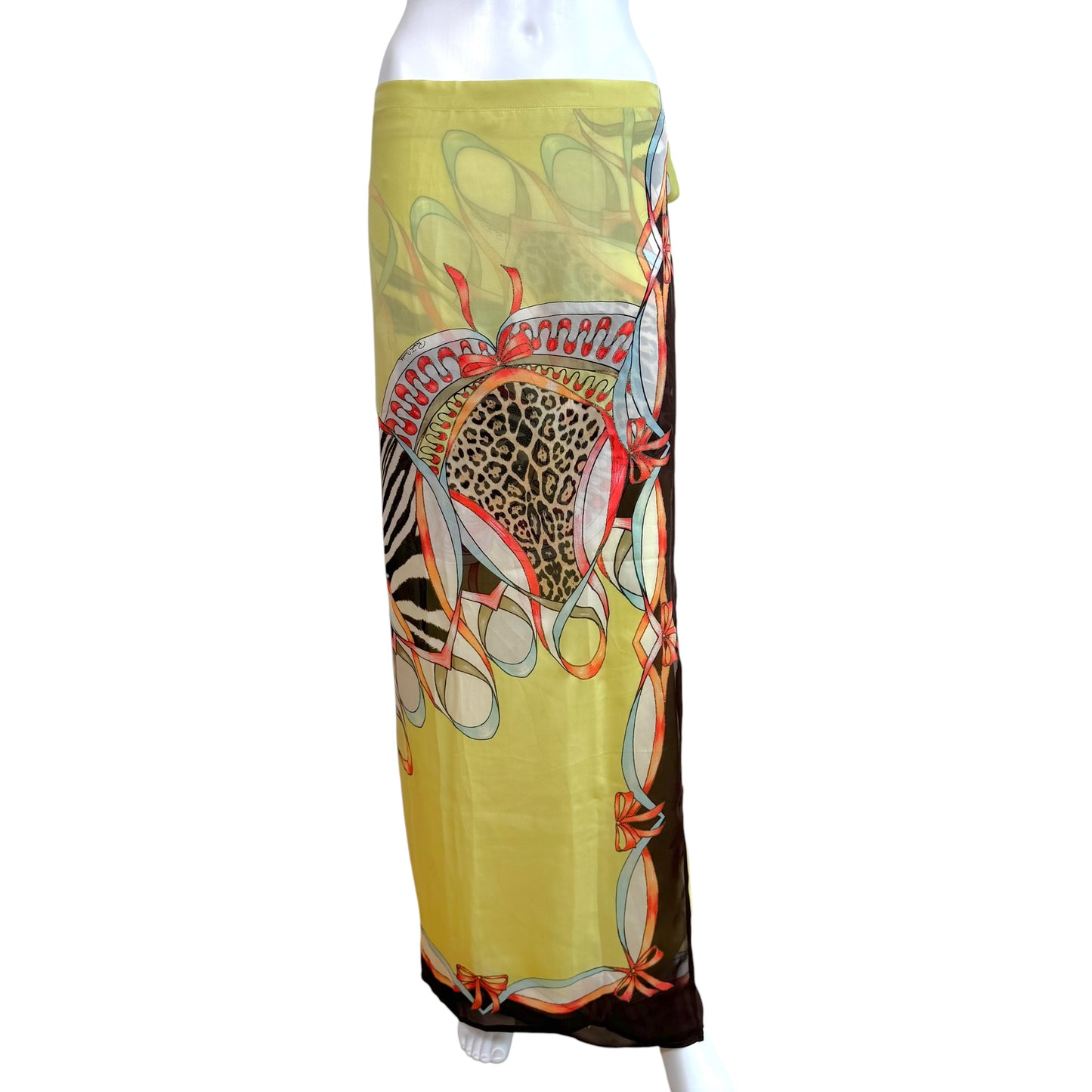 Roberto Cavalli S/S 2004 Yellow Multicolor Animal Print Sheer Silk Maxi Wrap Skirt