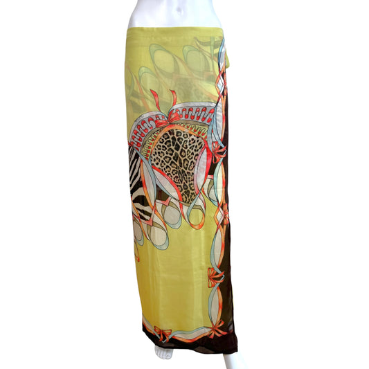 Roberto Cavalli Sheer Silk Maxi Wrap Skirt Yellow Animal Print