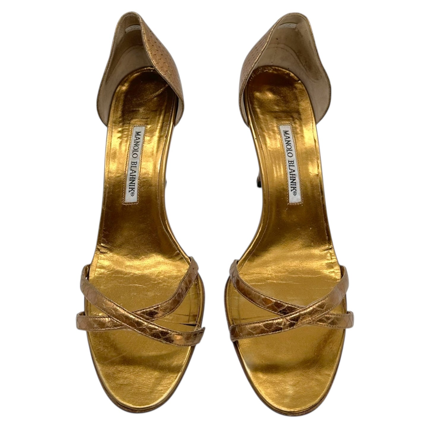 Manolo Blahnik Bronze Snakeskin Heeled Sandals