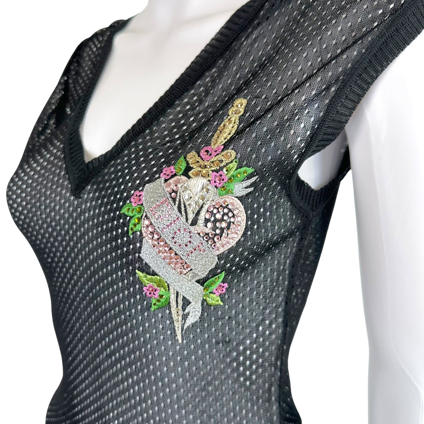 Christian Dior Black Knit Semi-Sheer Top with Rhinestones