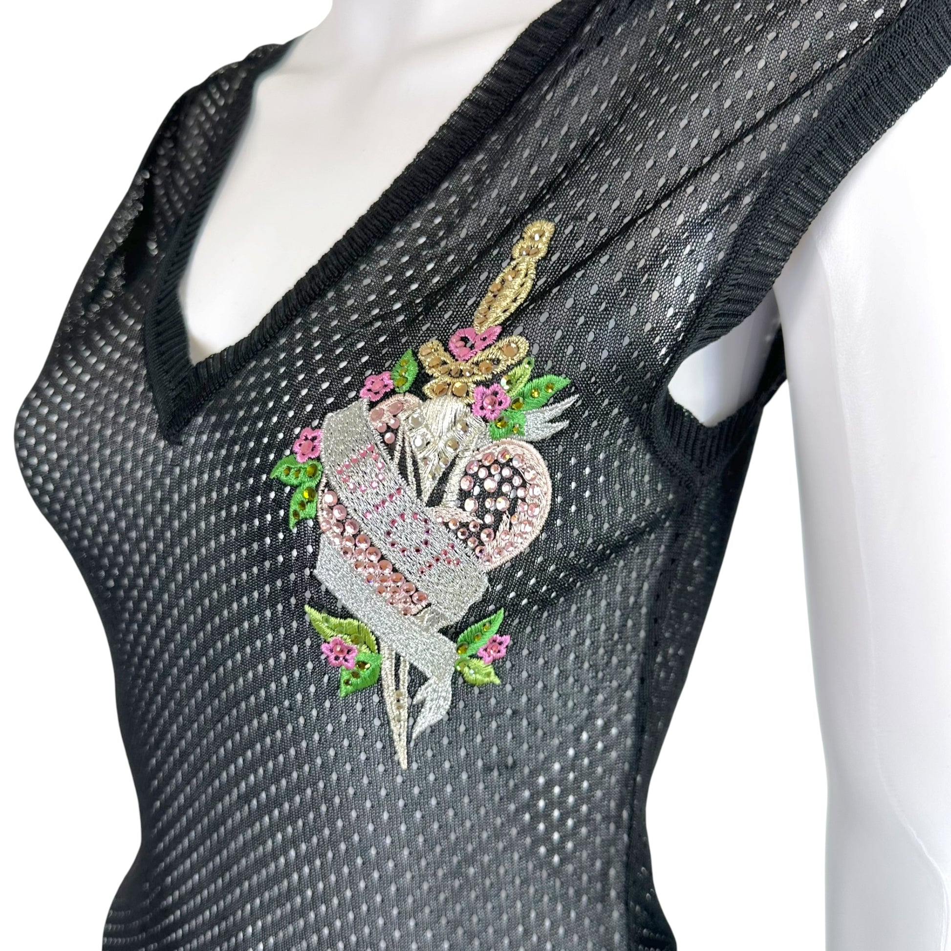 Christian Dior Black Knit Semi-Sheer Top with Rhinestones