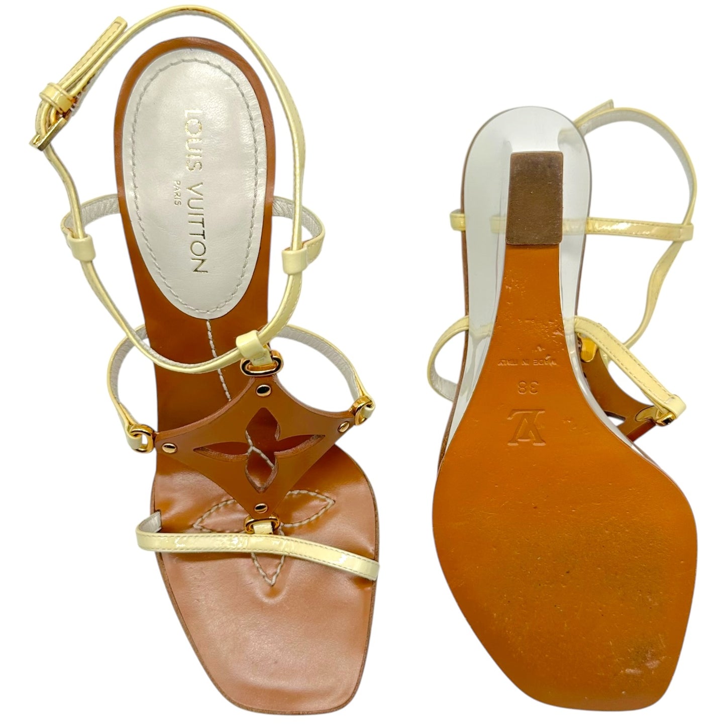 Louis Vuitton Wedge Sandal Heels Ivory Tan Logo Motif
