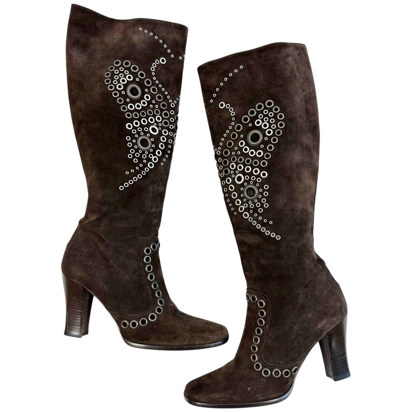 Dolce & Gabbana Brown Suede Butterfly Rivet Heeled Boots - Outfit Repeater