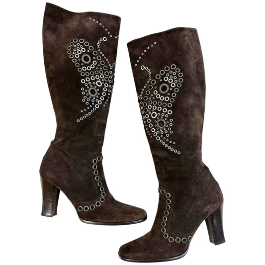 Dolce & Gabbana Brown Suede Butterfly Rivet Heeled Boots - Outfit Repeater