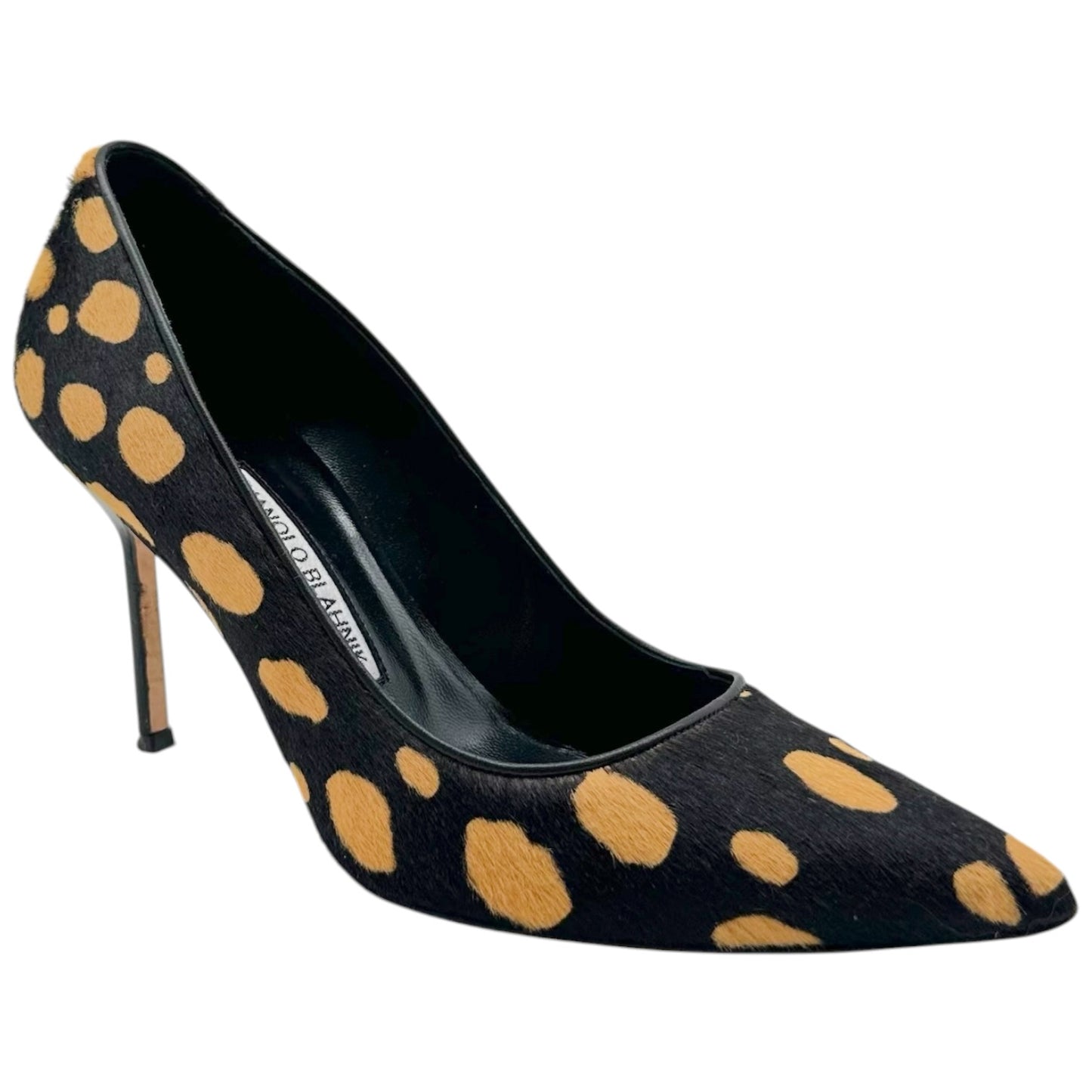 Manolo Blahnik Brown & Yellow Spotted Ponyhair Pointed Toe Pumps