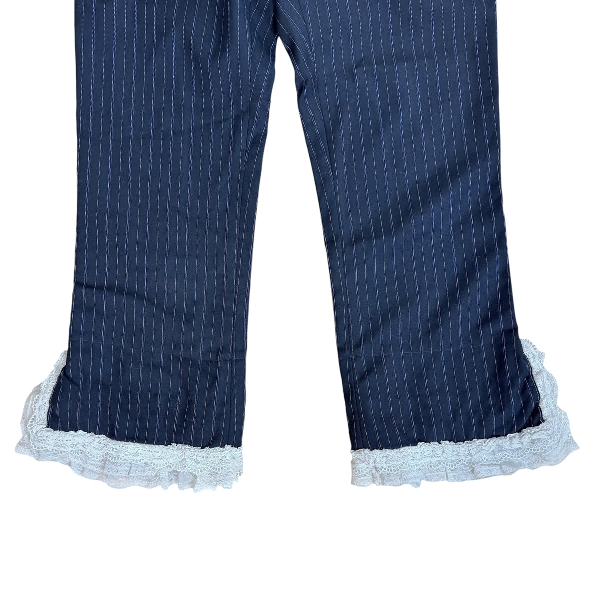 Junya Watanabe Black Pinstriped Capri Pants with Lace Trim