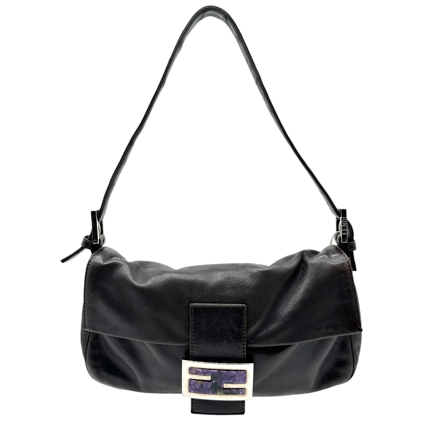 Fendi Black Lambskin Baguette Bag With Purple Stone