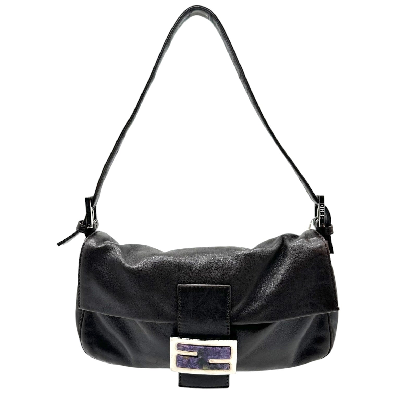 Fendi Black Lambskin Baguette Bag With Purple Stone