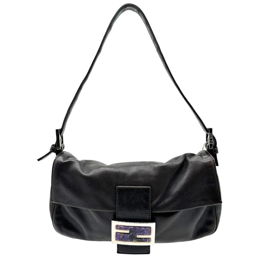 Fendi Black Lambskin Baguette Bag With Purple Stone