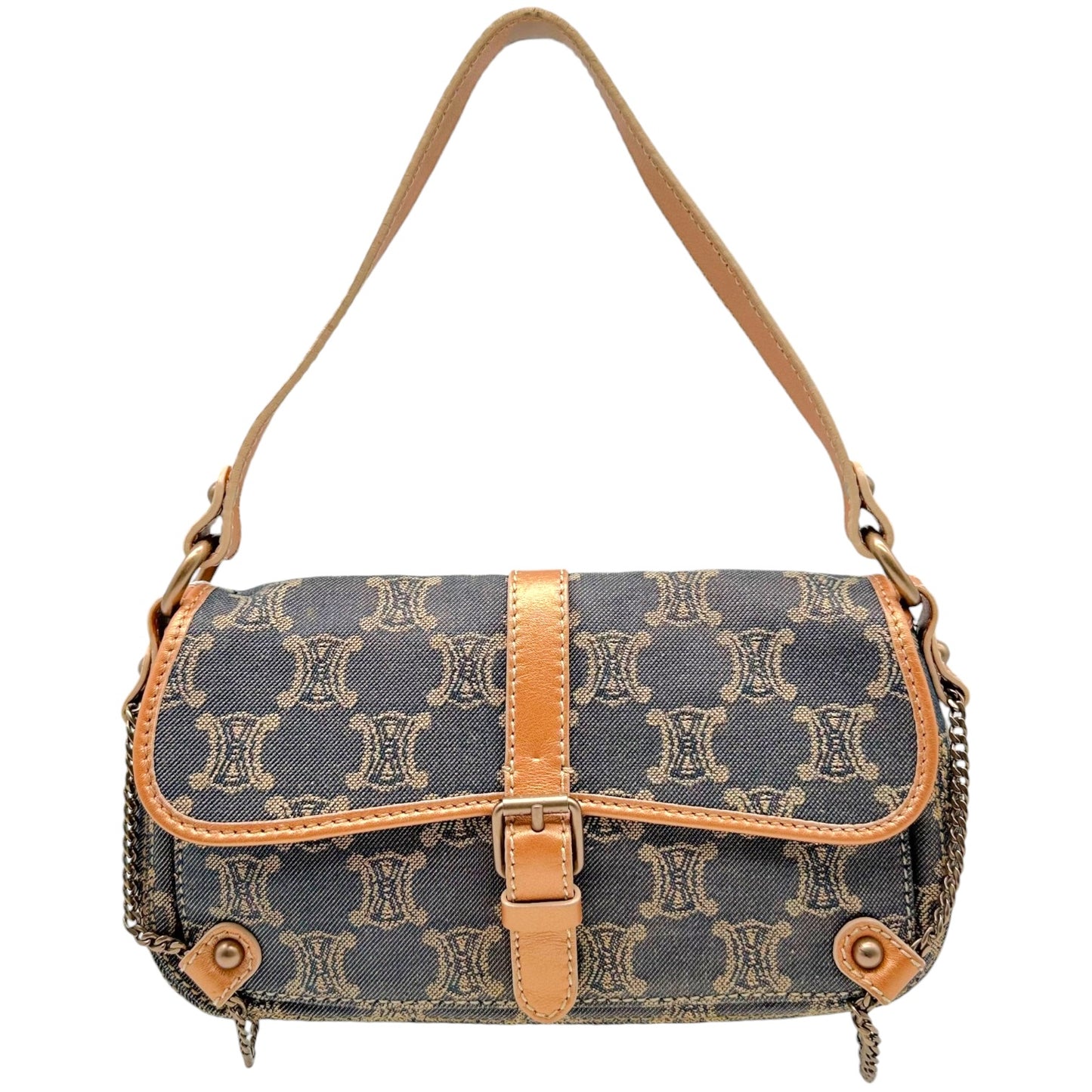 Celine Triomphe Monogram Metallic Denim Chain Embellished Shoulder Bag