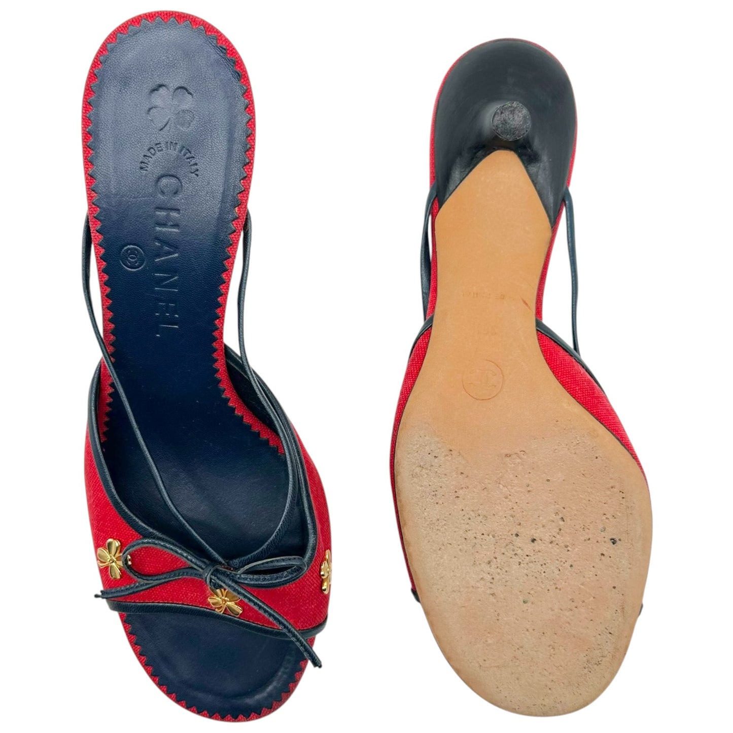 Chanel Red & Navy Kitten Heel Mules w/  Gold Clover Charms