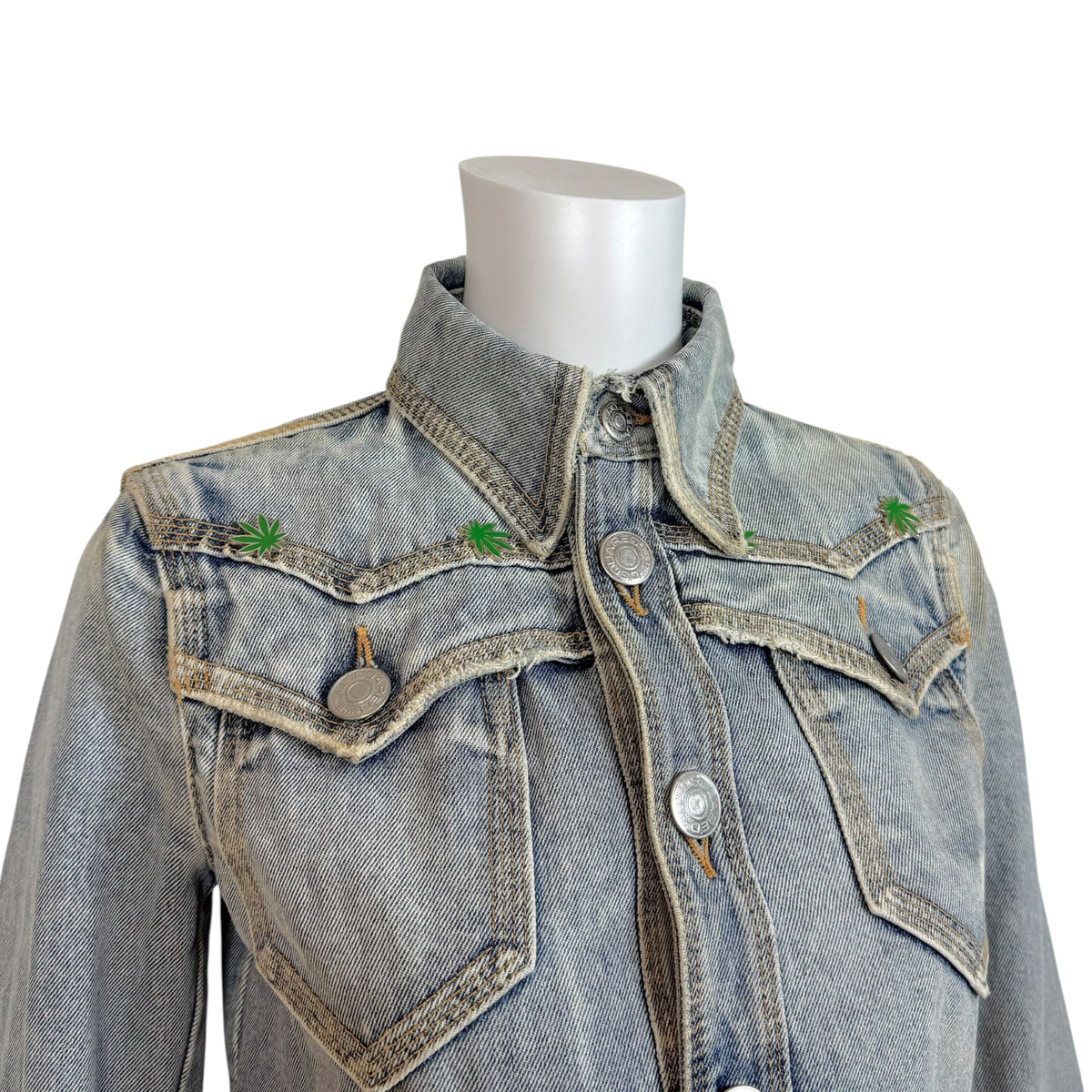 Dsquared2 Marijuana Charm Distressed Denim 3/4 Sleeve Crop Jacket