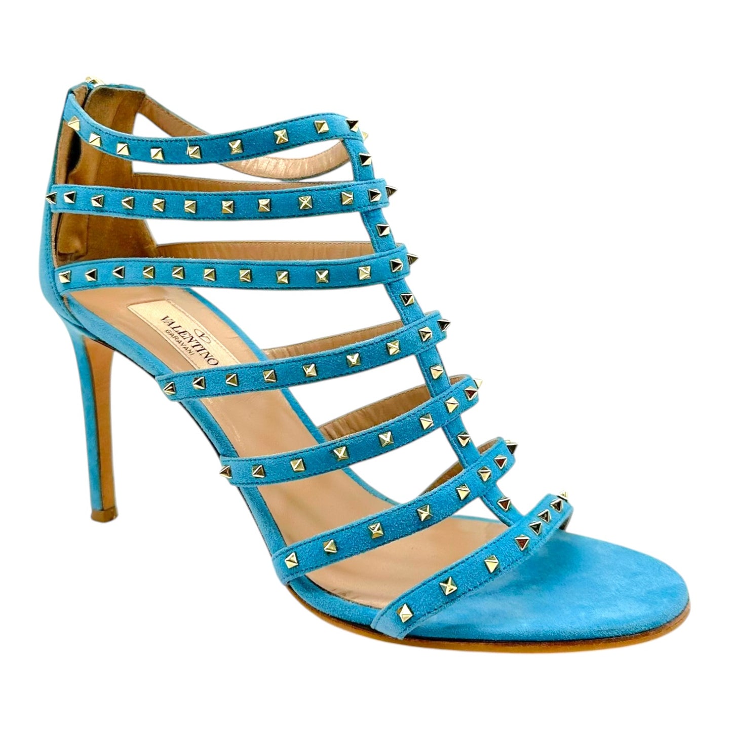 Valentino Turquoise Suede & Gold Rockstud Gladiator Heels