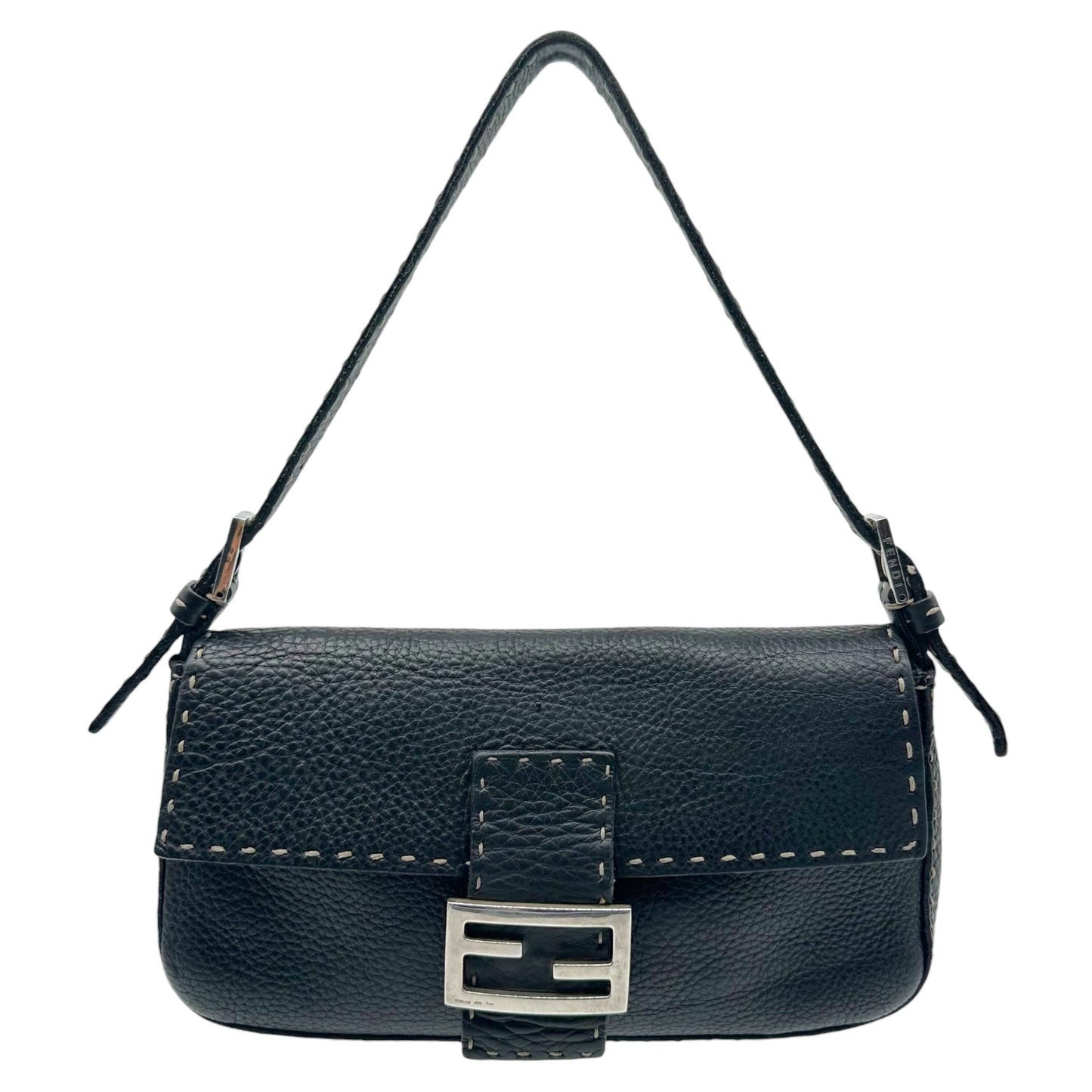 Fendi Selleria Black Leather Contrast Stitch Baguette Bag