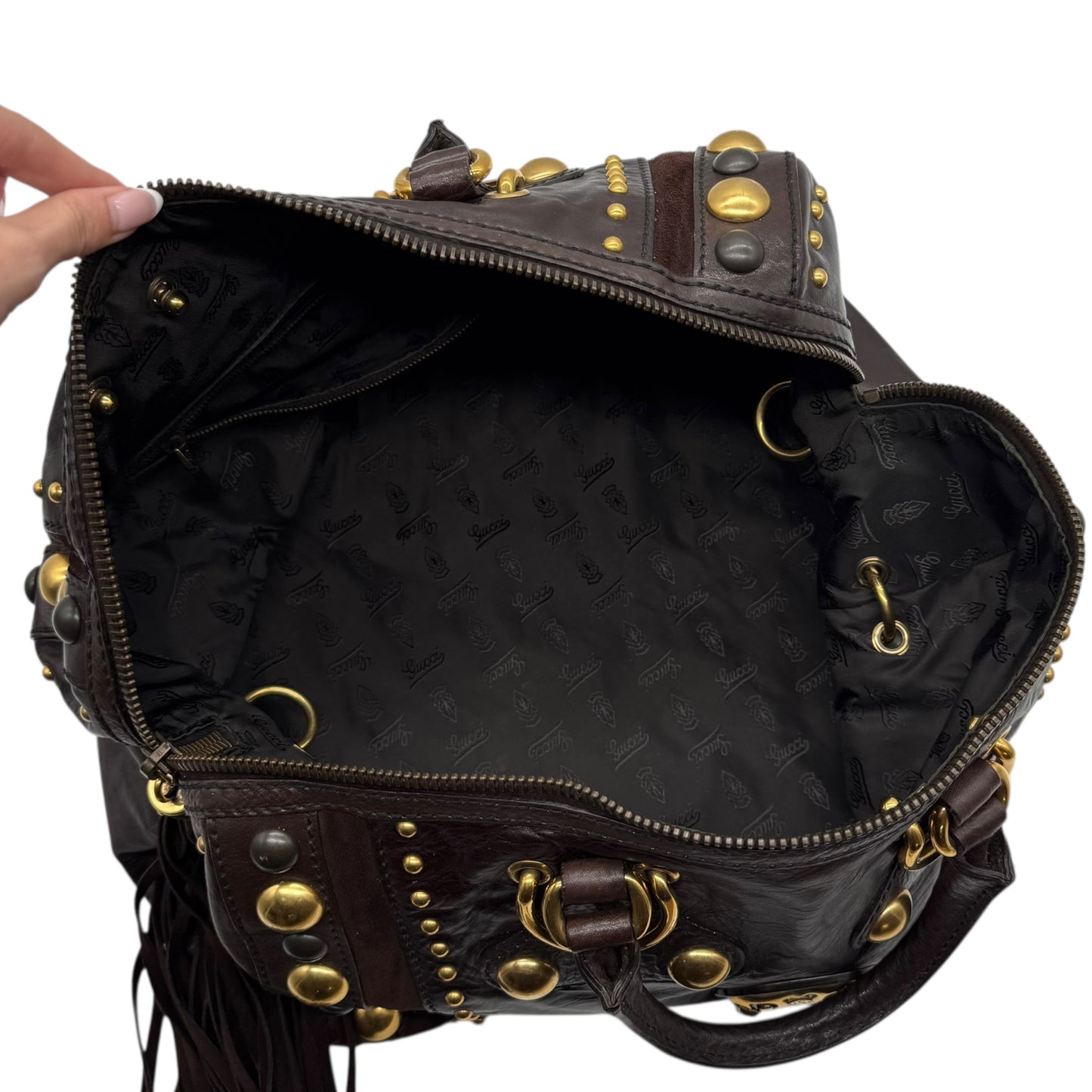 Gucci Babouska Brown Leather & Suede Studded Boston Bag - Outfit Repeater