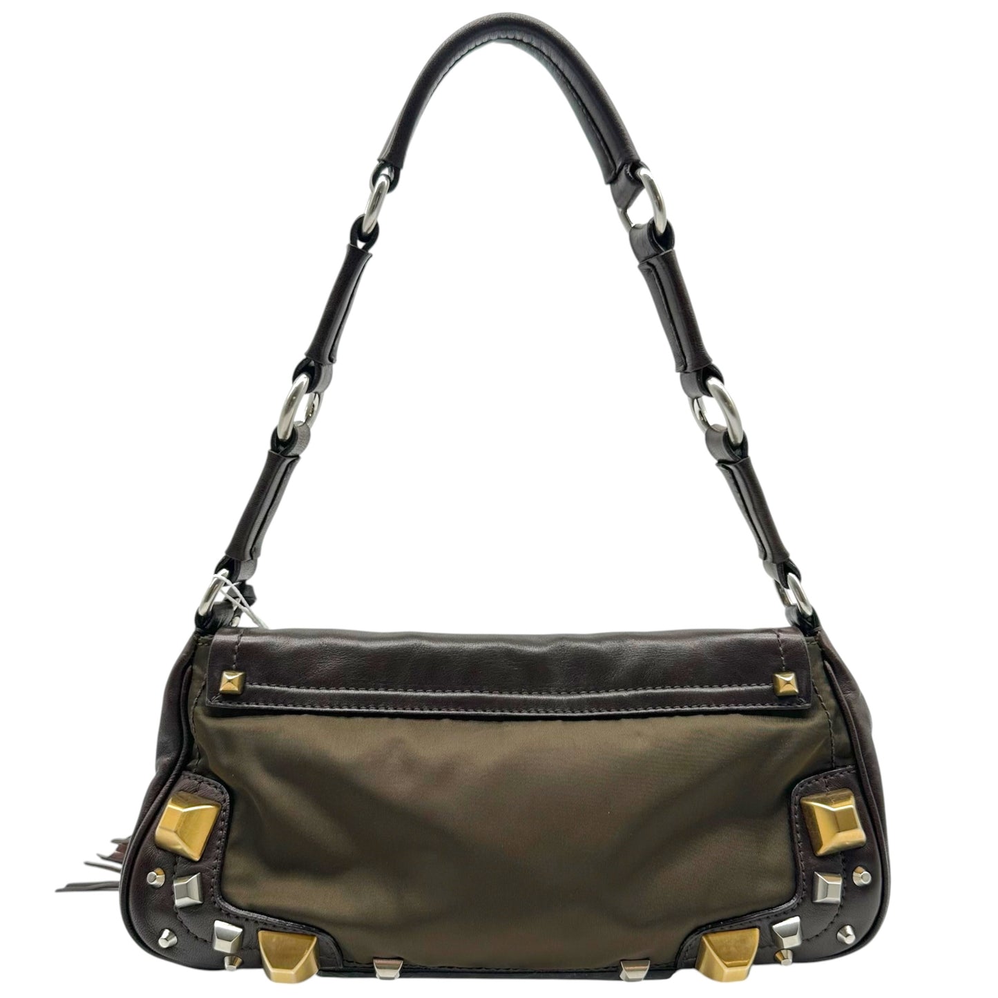 Prada Brown Two Toned Metal Studded Fringe Trim Shoulder Bag