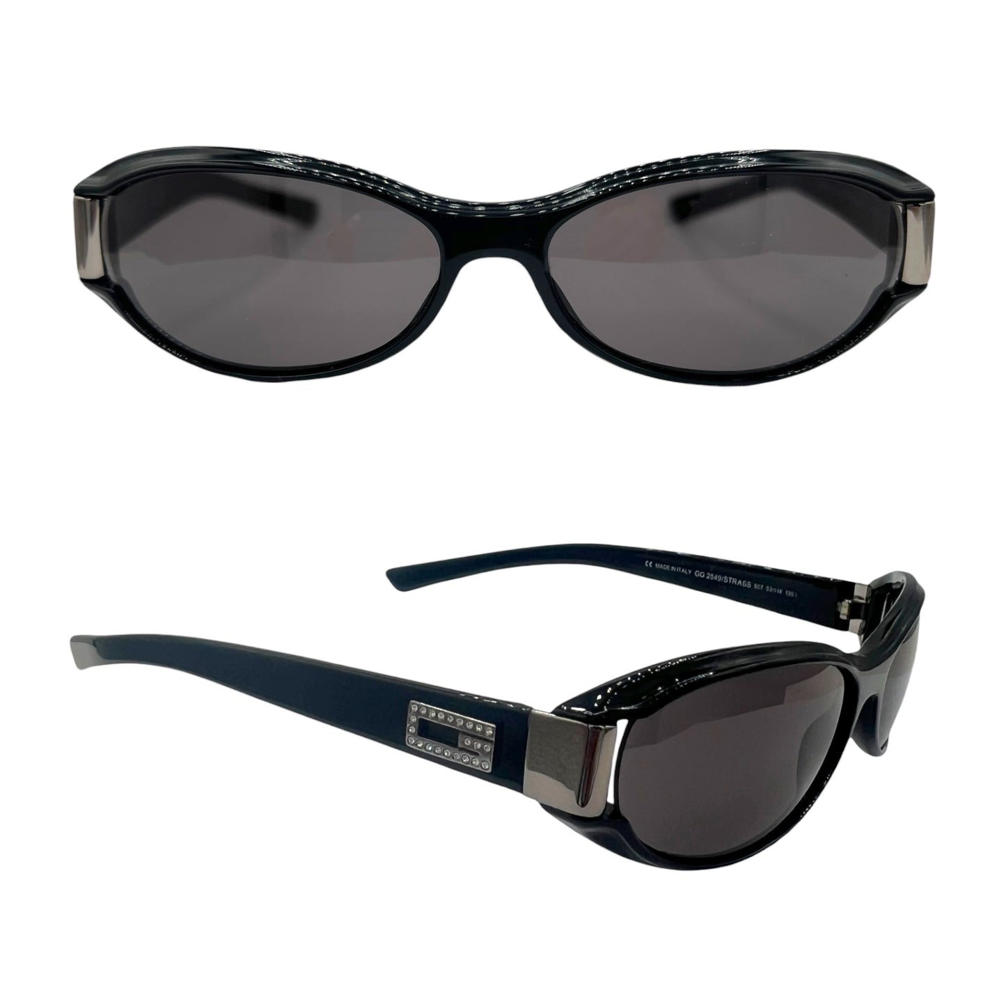 Gucci 90's Black Slim Oval Sunglasses w/ Crystal G Logo GG2549