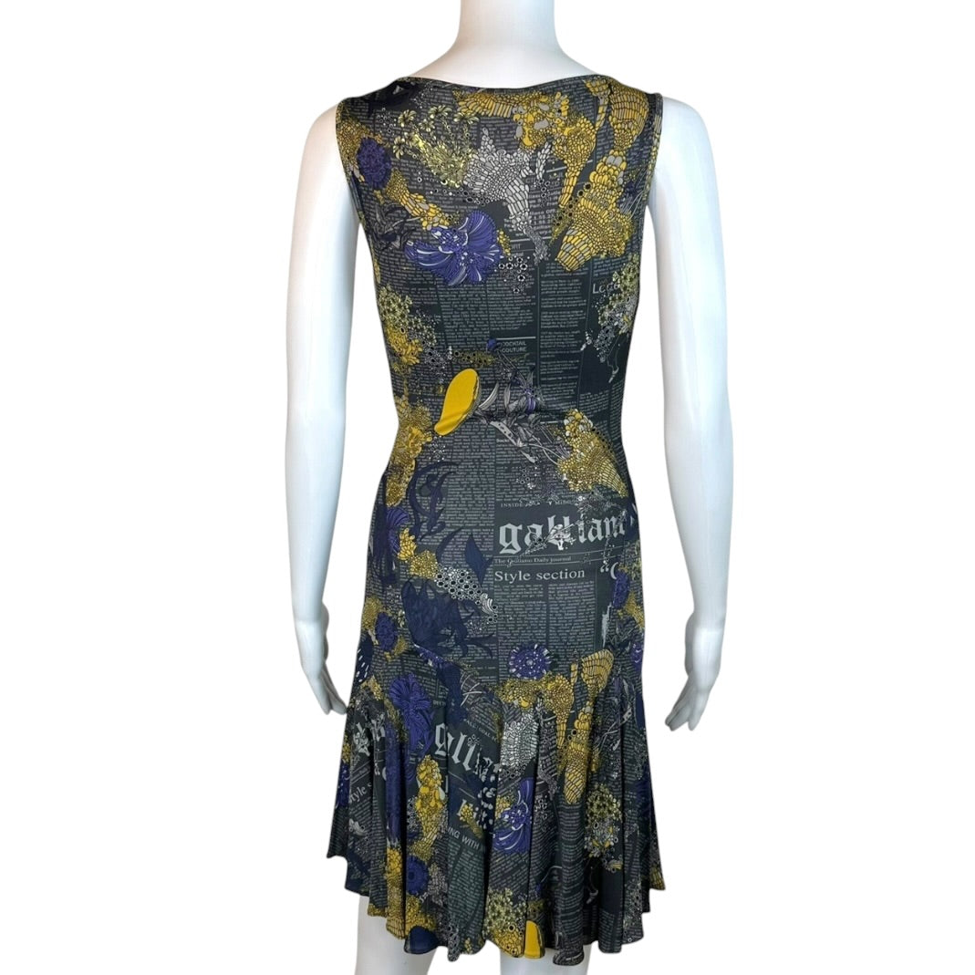 Galliano Midi Dress Purple Yellow Floral Print V-Neck