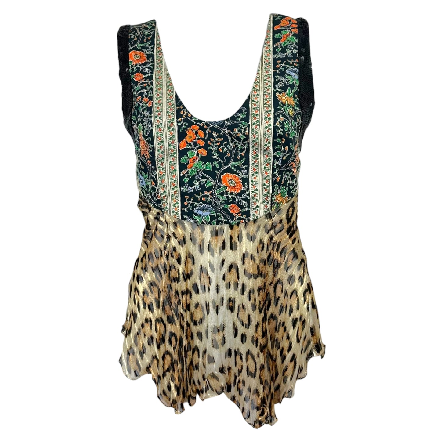 Roberto Cavalli Leopard Print Silk Floral & Sequin Sleeveless Blouse Top