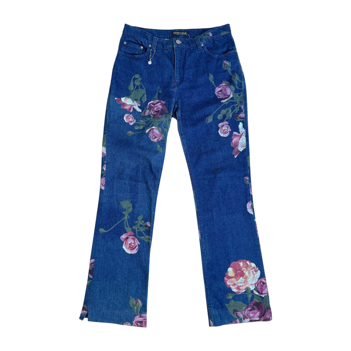 Roberto Cavalli Dark Wash Denim Jeans Rose Print