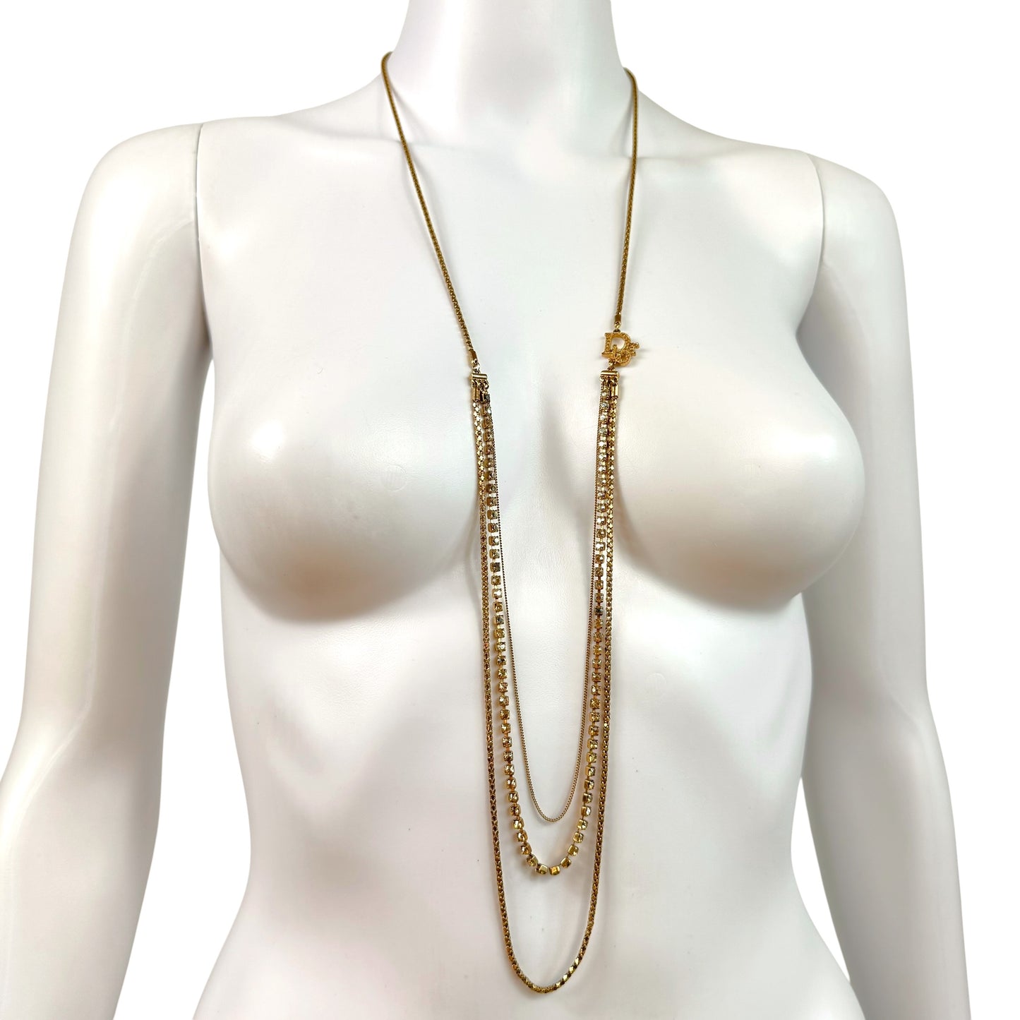 Christian Dior Gold Logo Charm Crystal Long Layered Necklace